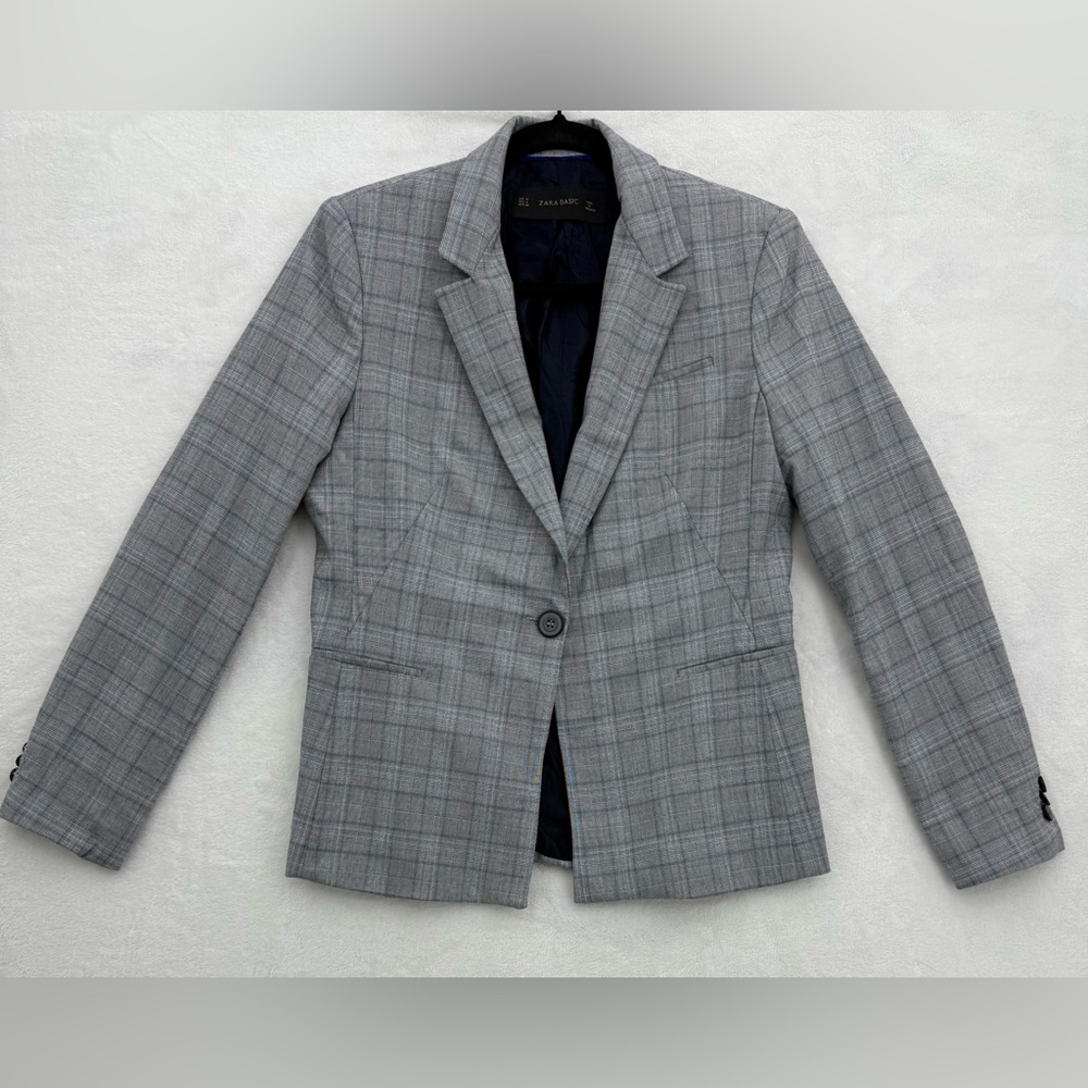Zara Basic Gray & Blue Plaid Blazer Size Medium Women’s Office, Tailored, Work